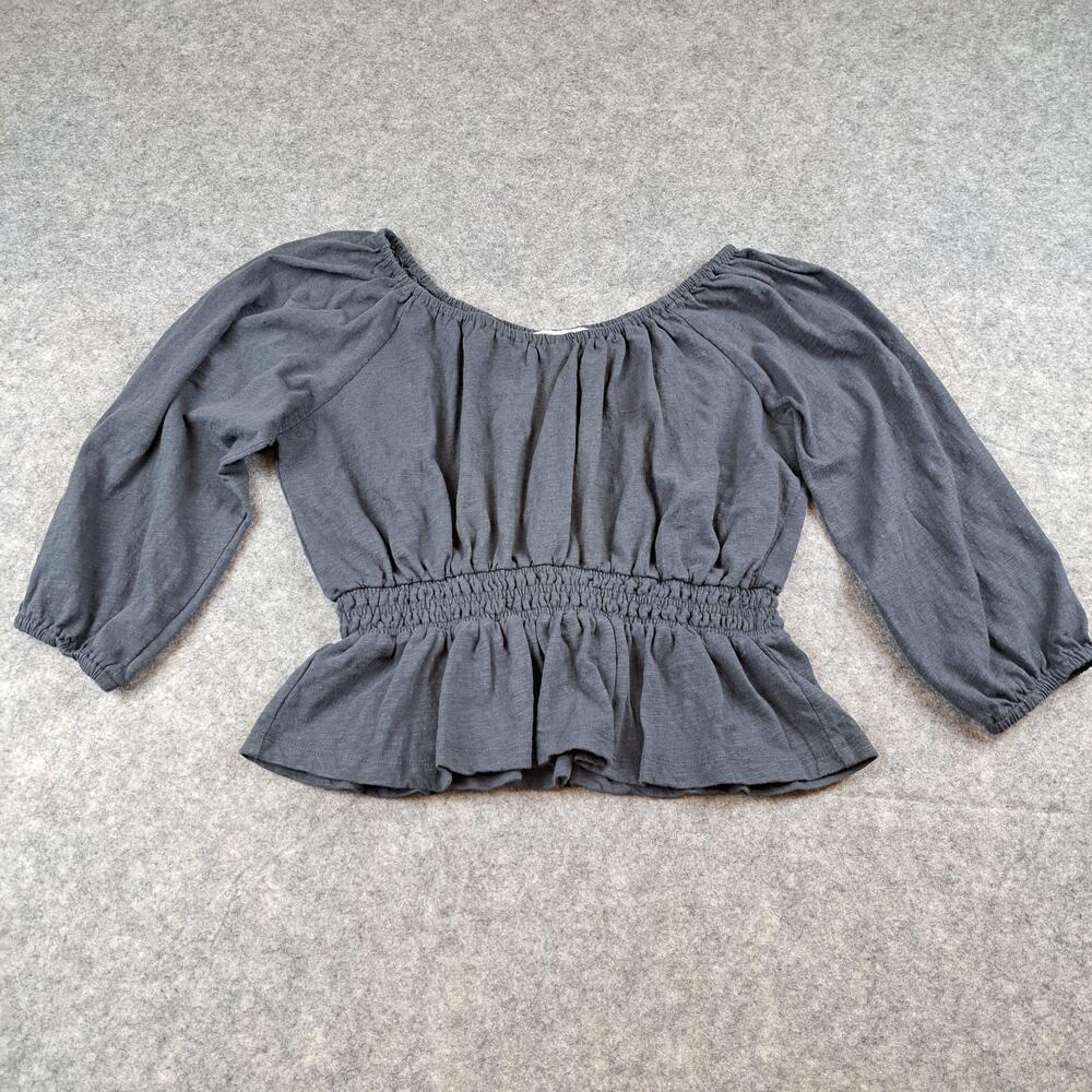 Marine Layer Shirt Womens Medium Charcoal Smocked Peplum 3/4 Sleeve Cotton Top